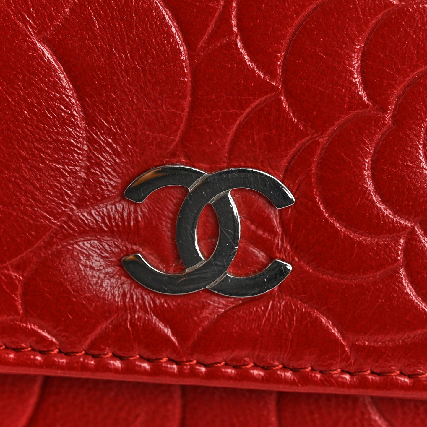 Lambskin Camellia Embossed Wallet on Chain WOC Red