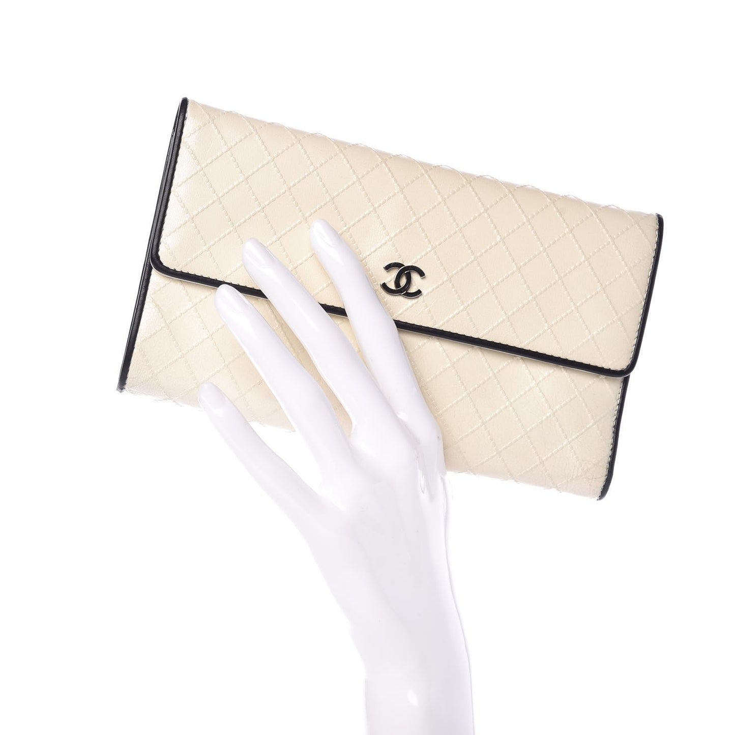 Calfskin Diamond Stitched Long Flap Wallet White