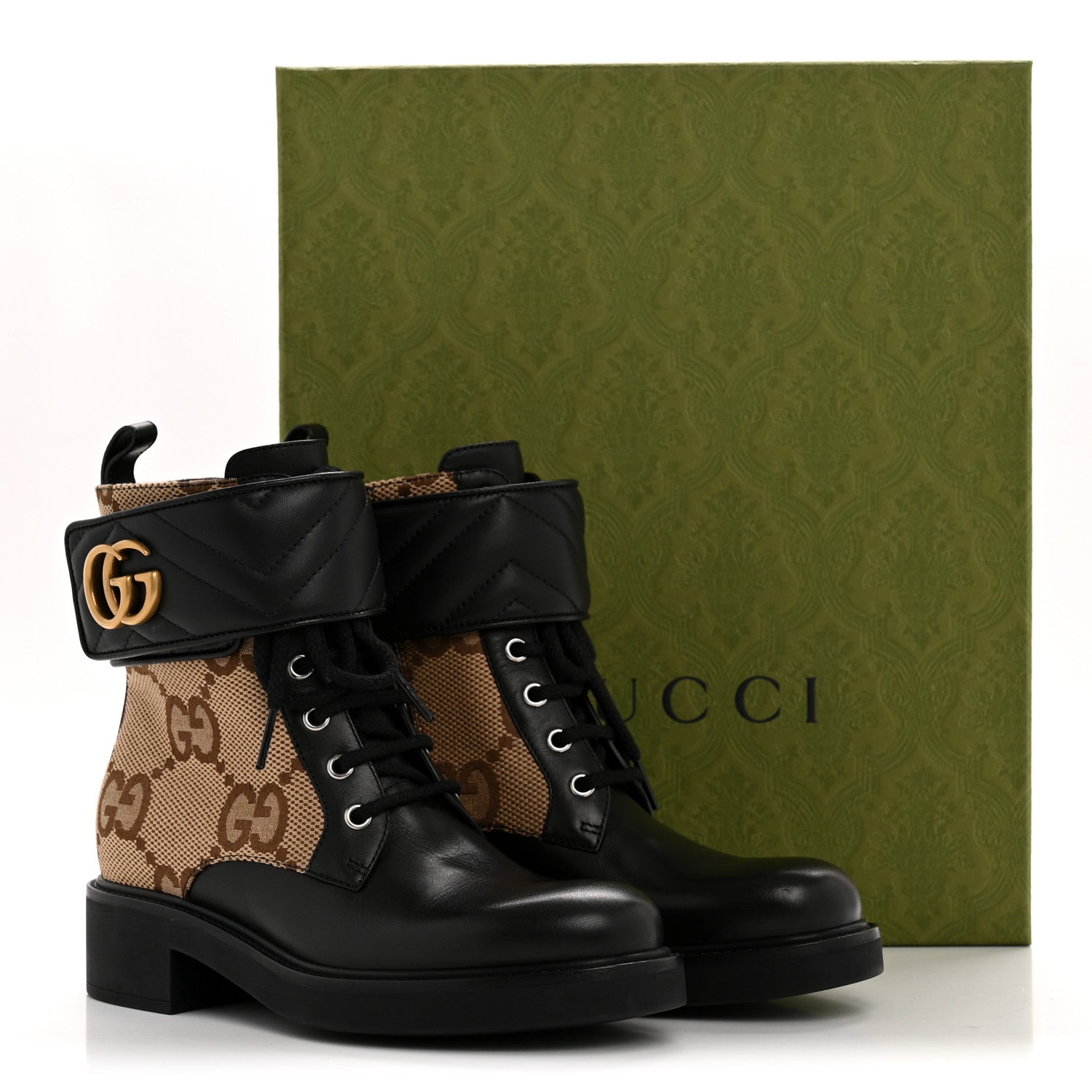 Gucci Flores Calfskin Monogram Maxi GG Nappa Matelasse Double G 40mm Ankle Boots 36.5 Black Camel Ebony 12 of 12