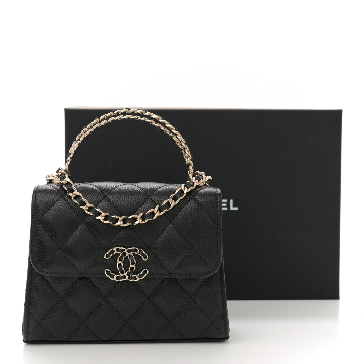 Caviar Quilted Double Chain Top Handle Flap With Chain Black