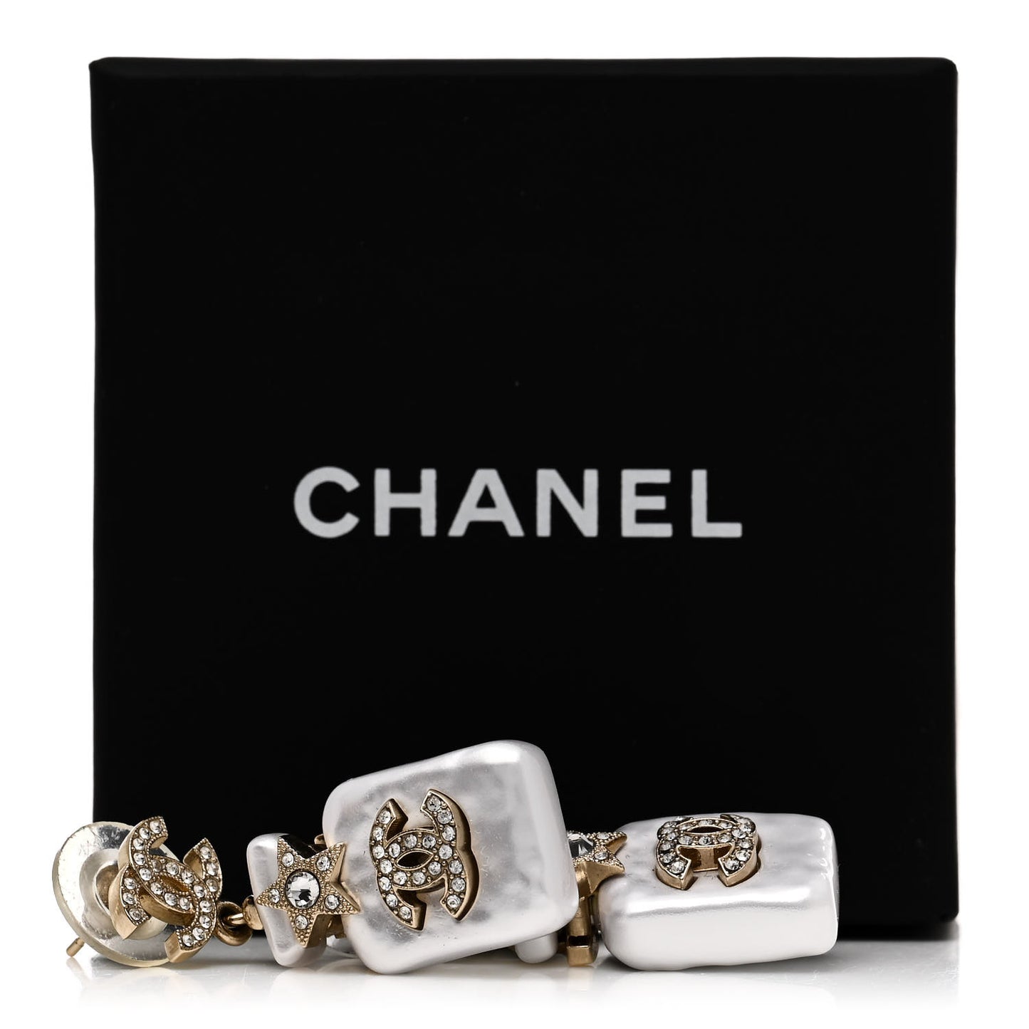 Pearl Resin Crystal CC Perfume Bottle Drop Earrings Gold Pearly White
