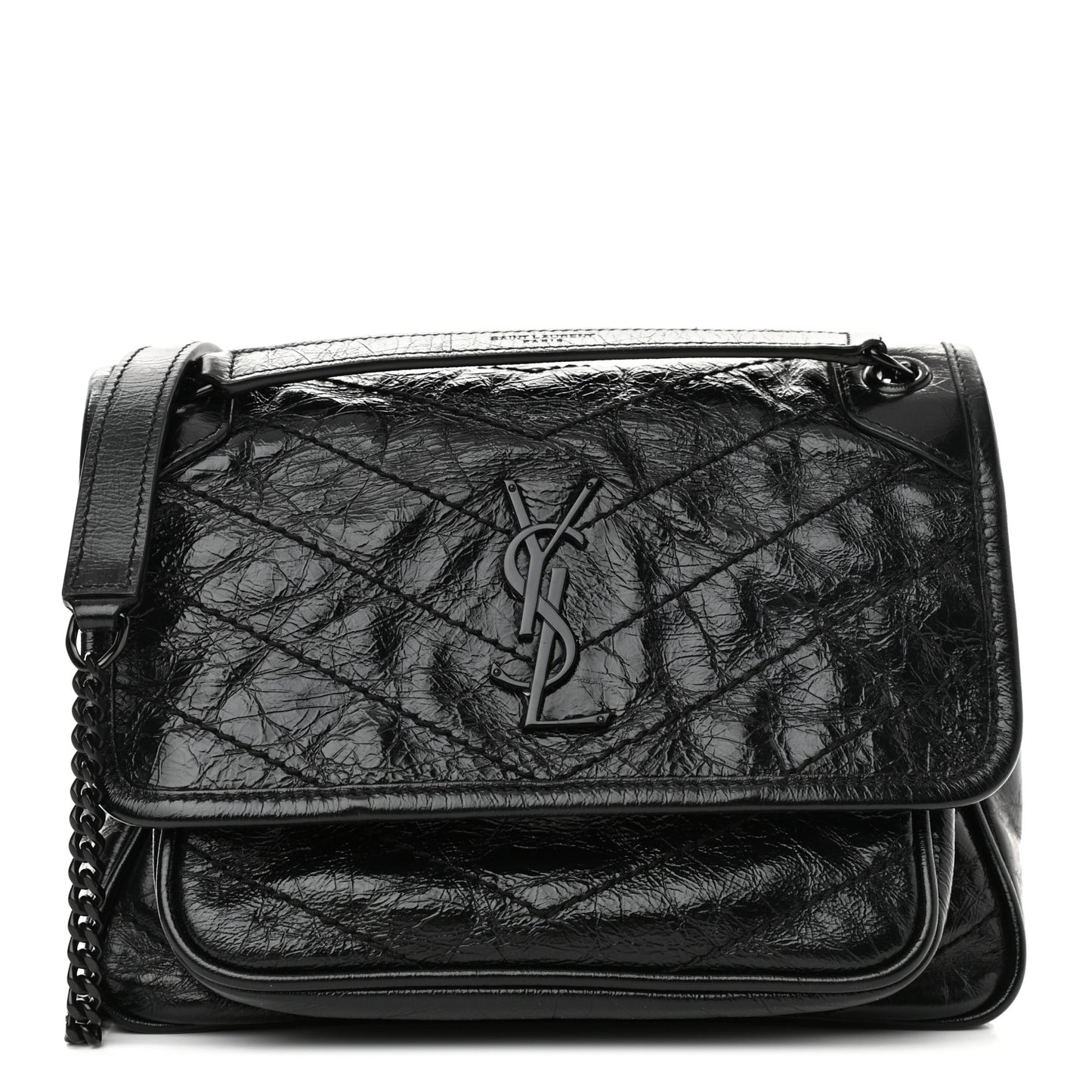 Crinkled Calfskin Matelasse Monogram Baby Niki Chain Satchel Black