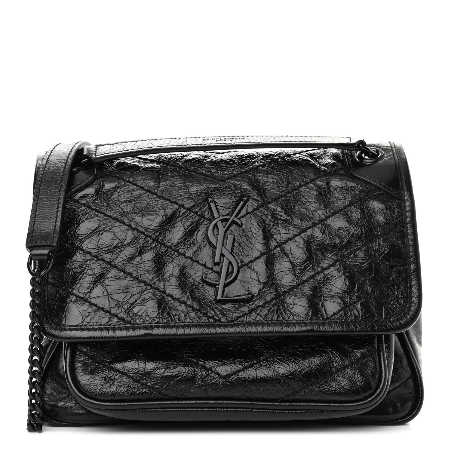 Saint Laurent Crinkled Calfskin Matelasse Monogram Baby Niki Chain Satchel Black 1 of 10