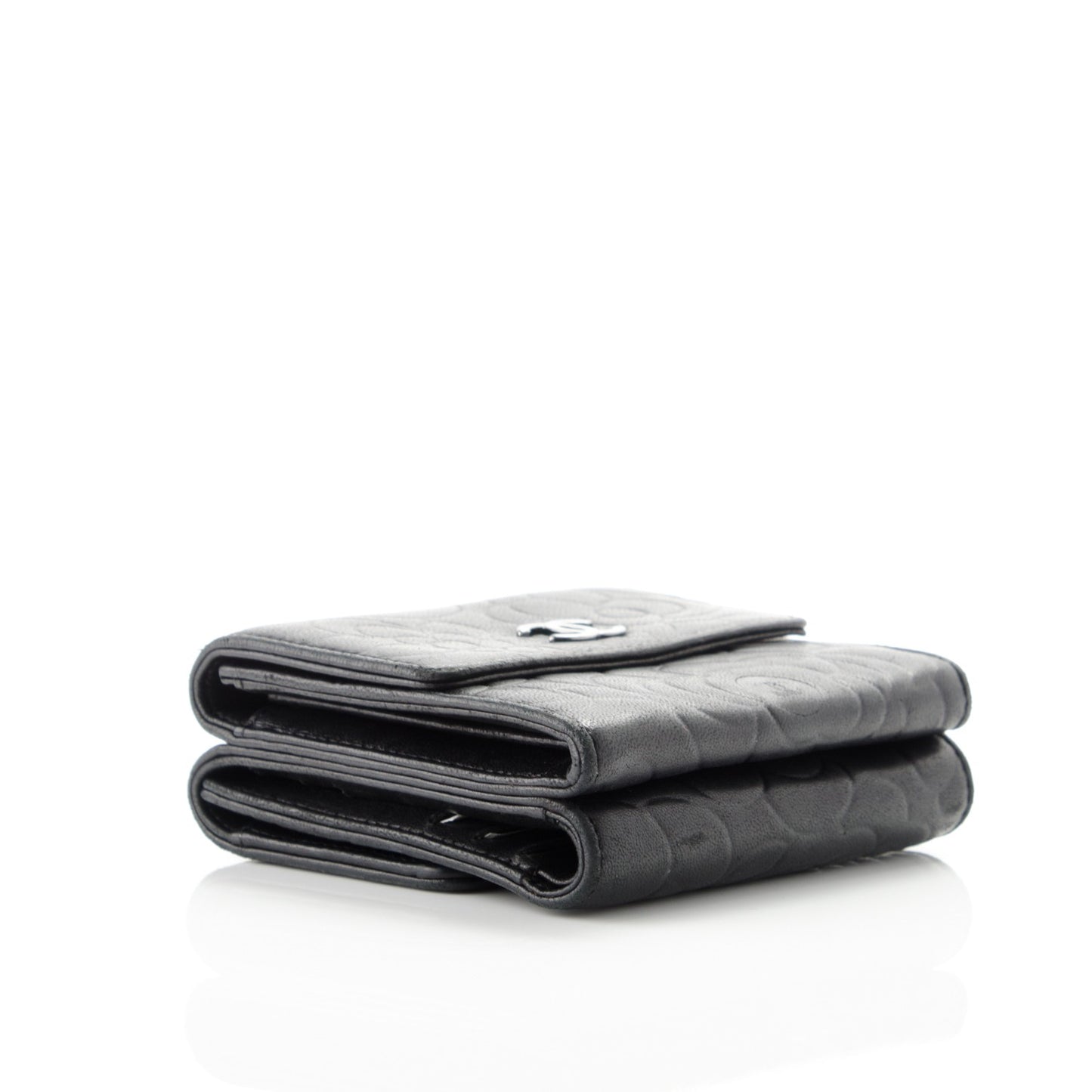 Lambskin Embossed Camellia French Wallet Black