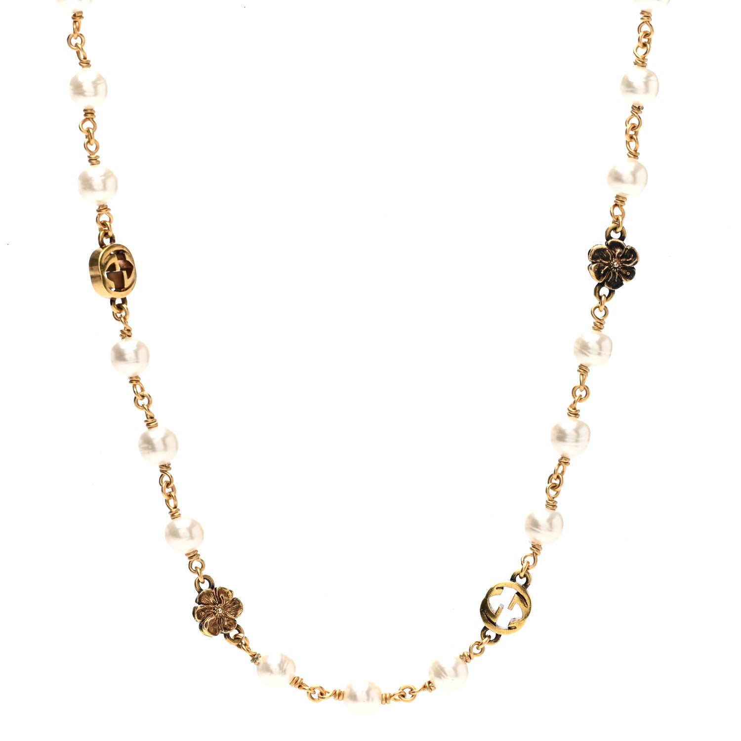 Gucci Metal Pearl Interlocking G Flower Necklace Gold 1 of 5