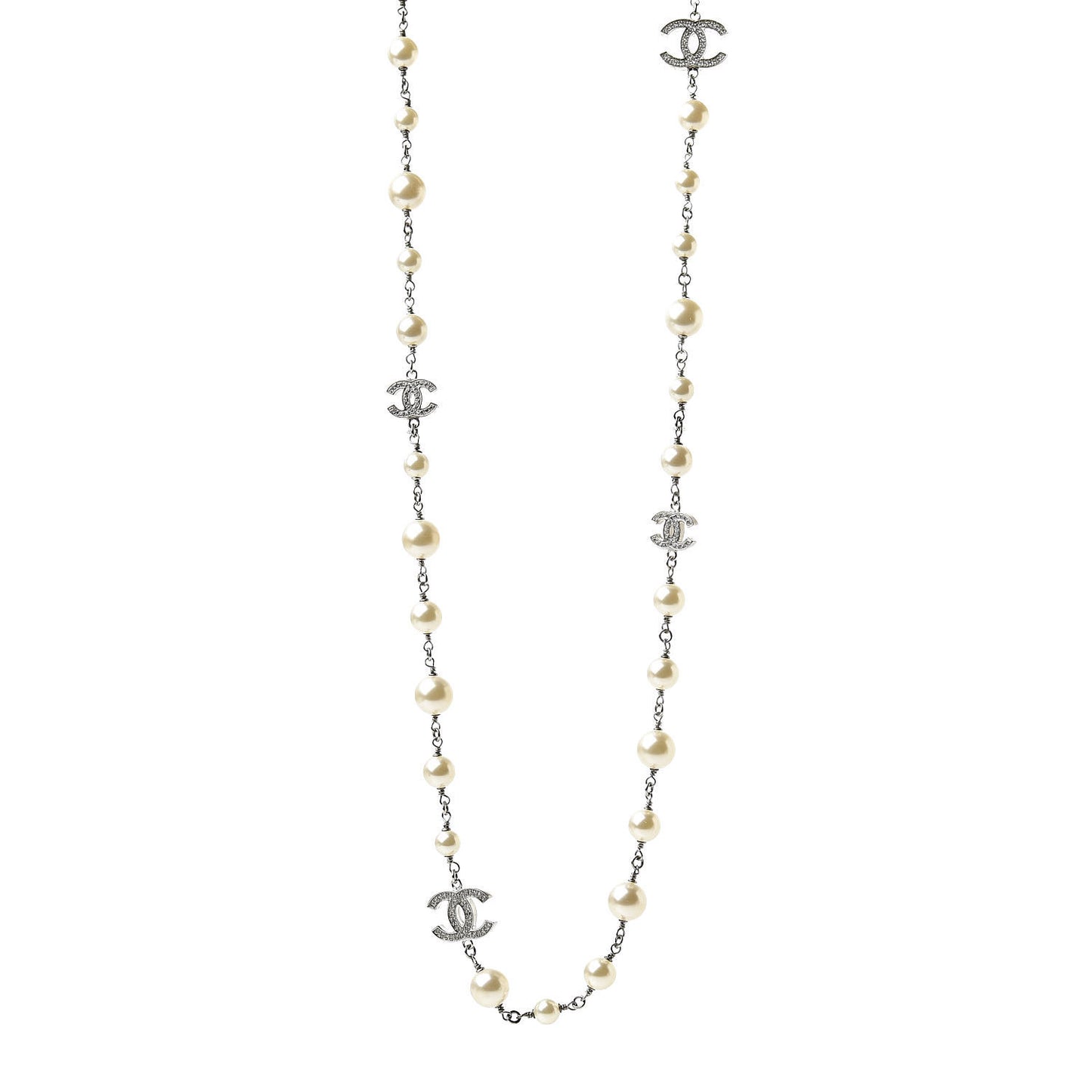 Crystal Pearl CC Long Necklace Silver