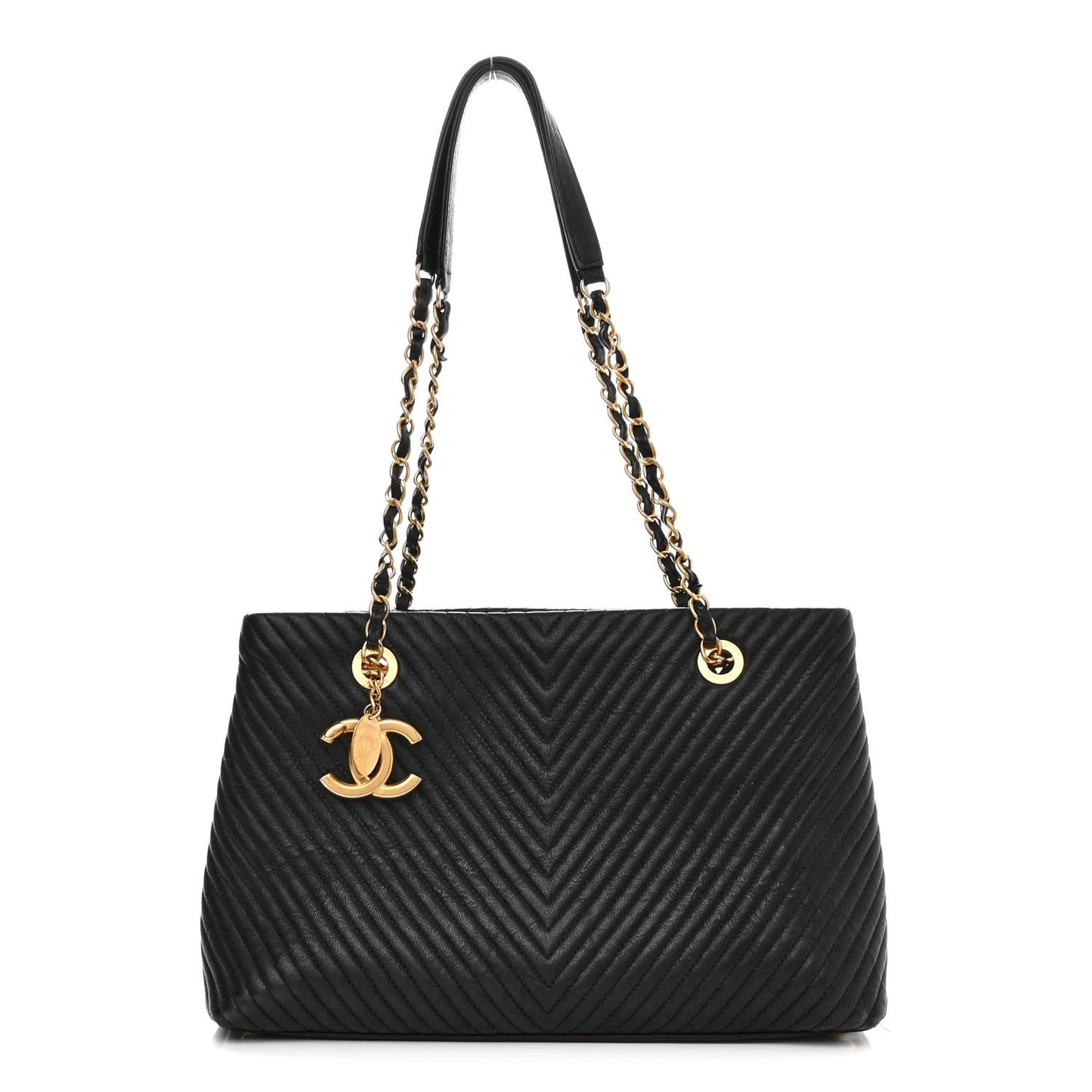 Wrinkled Lambskin Chevron Quilted Surpique Tote Black
