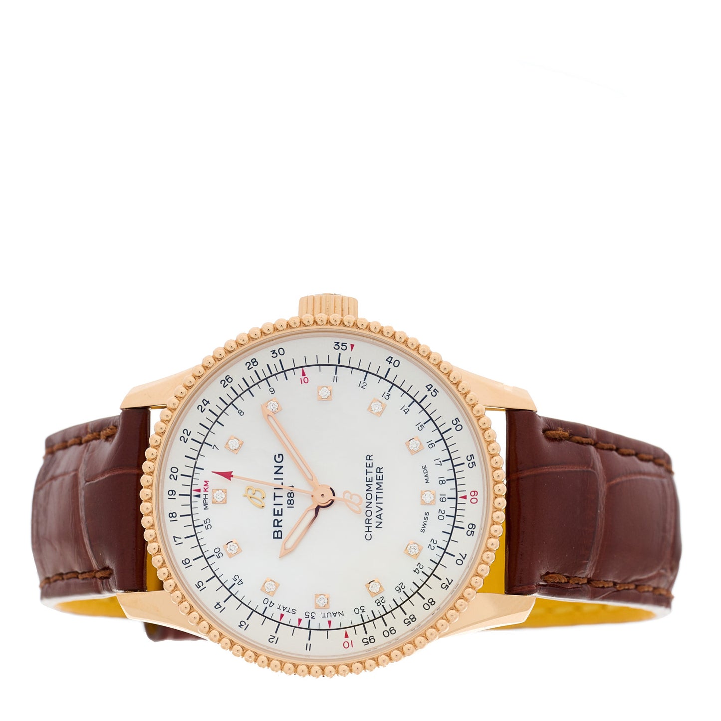 18K Rose Gold Alligator Diamond 35mm Navitimer Chronograph Automatic Watch White R17395