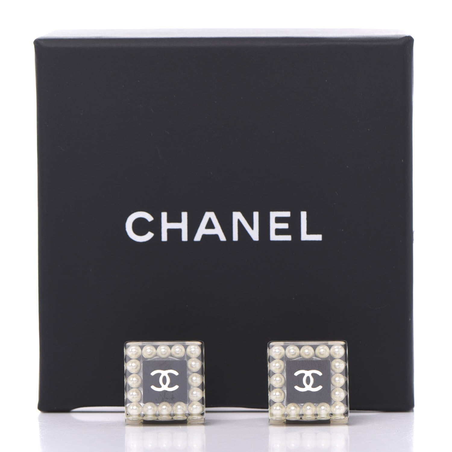 Chanel Pearl Resin Square CC Earrings Black Transparent 5 of 5
