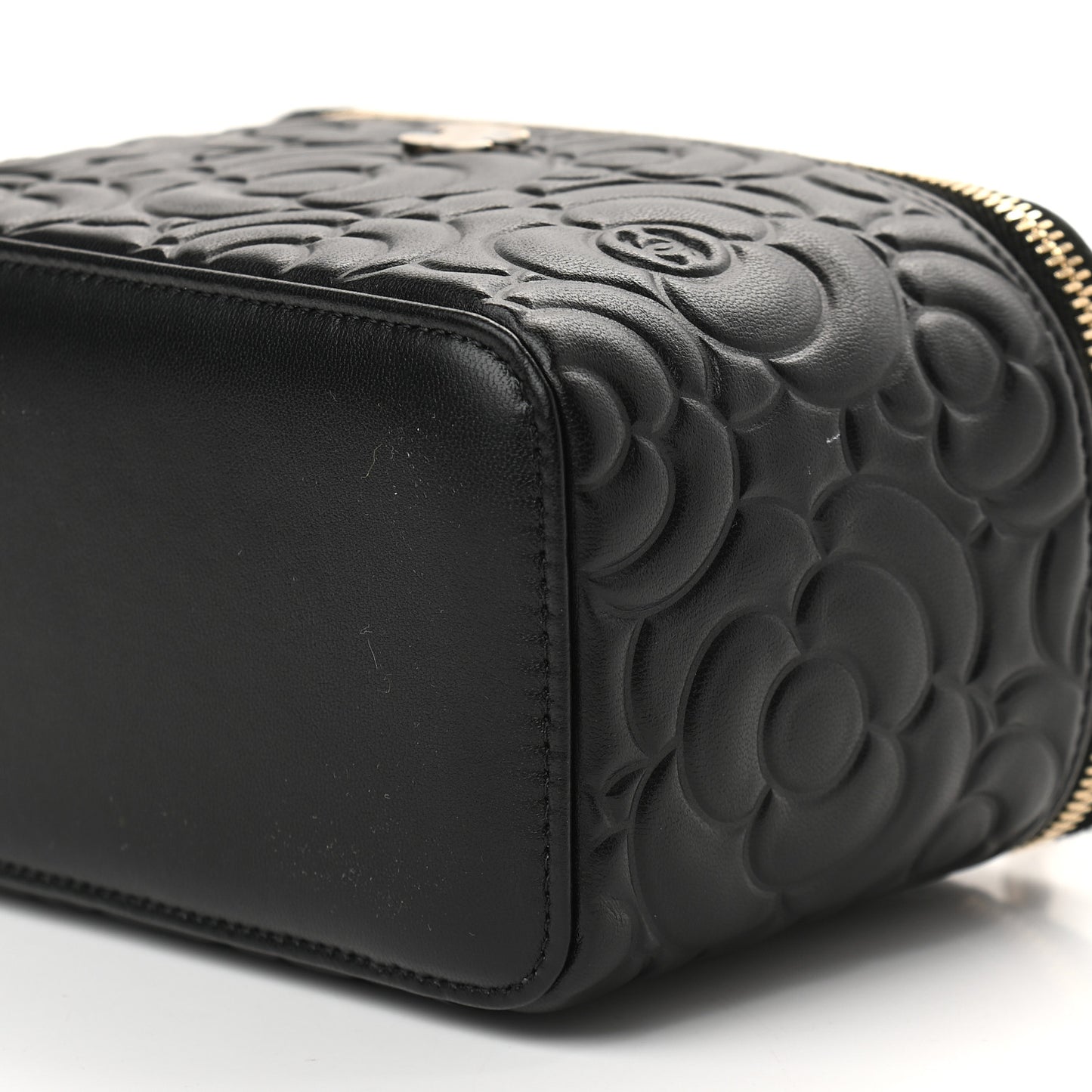 Lambskin Camellia Embossed Small Vanity Case With Chain Black