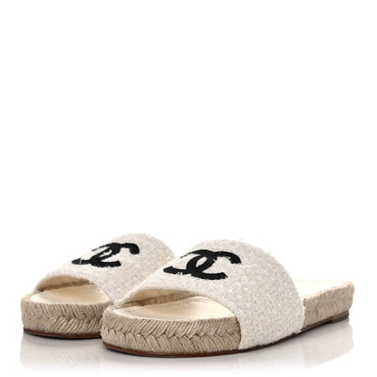 Chanel Tweed Grosgrain CC Espadrille Slip On Sandals 37 White Black 3 of 10
