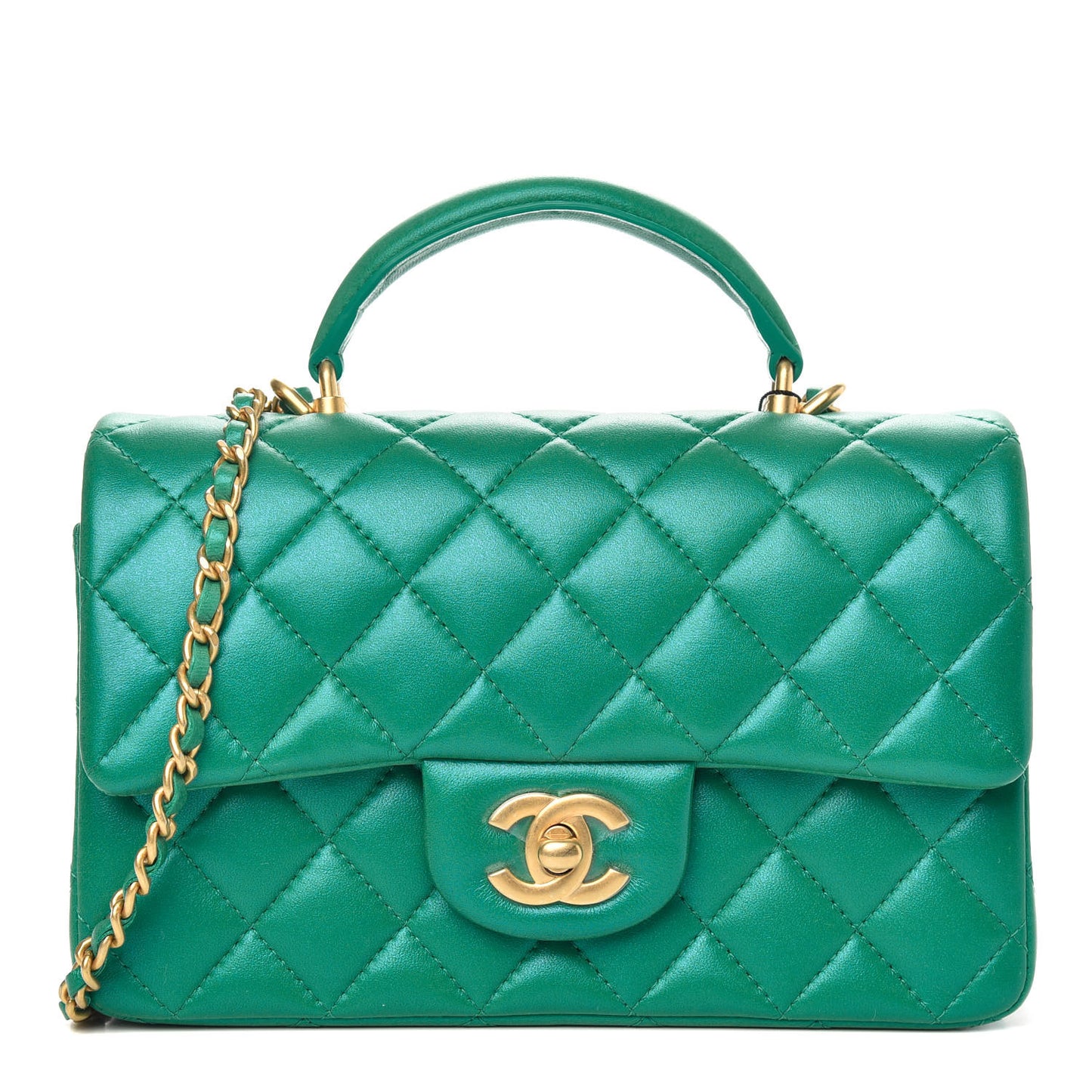 Iridescent Lambskin Quilted Mini Top Handle Rectangular Flap Green