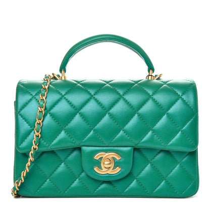 Chanel Iridescent Lambskin Quilted Mini Top Handle Rectangular Flap Green 1 of 11