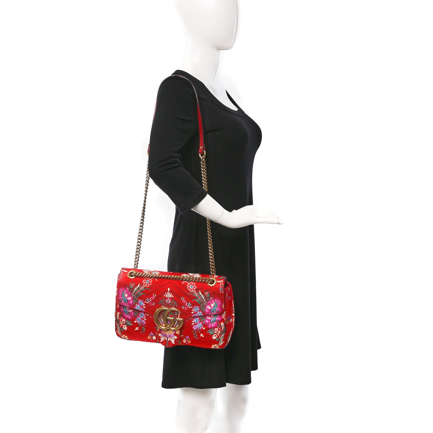 Jacquard Matelasse Floral Medium GG Marmont Shoulder Bag Red