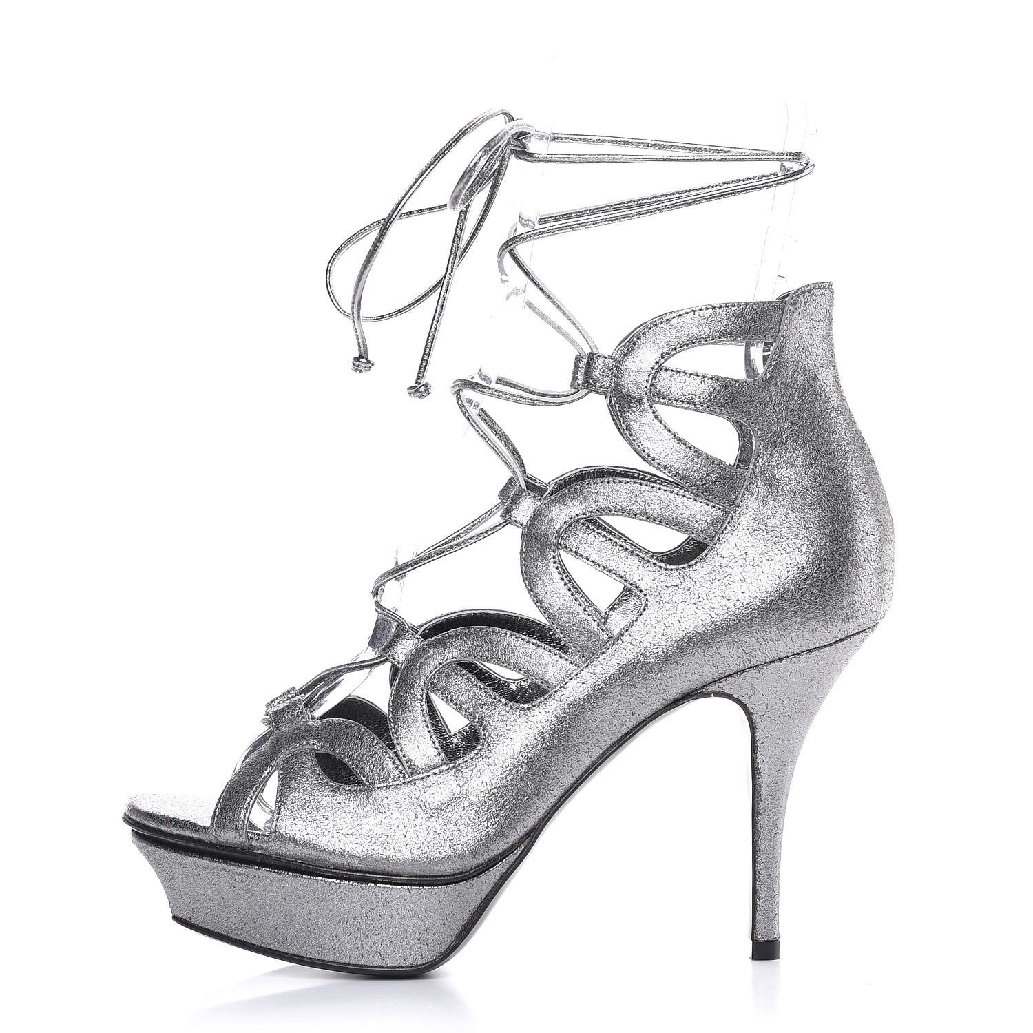 Saint Laurent Metallic Suede Tribute Sixteen 75 Lace Up Platform Sandals 38 Acciaio 1 of 10