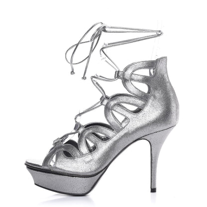 Saint Laurent Metallic Suede Tribute Sixteen 75 Lace Up Platform Sandals 38 Acciaio 1 of 10
