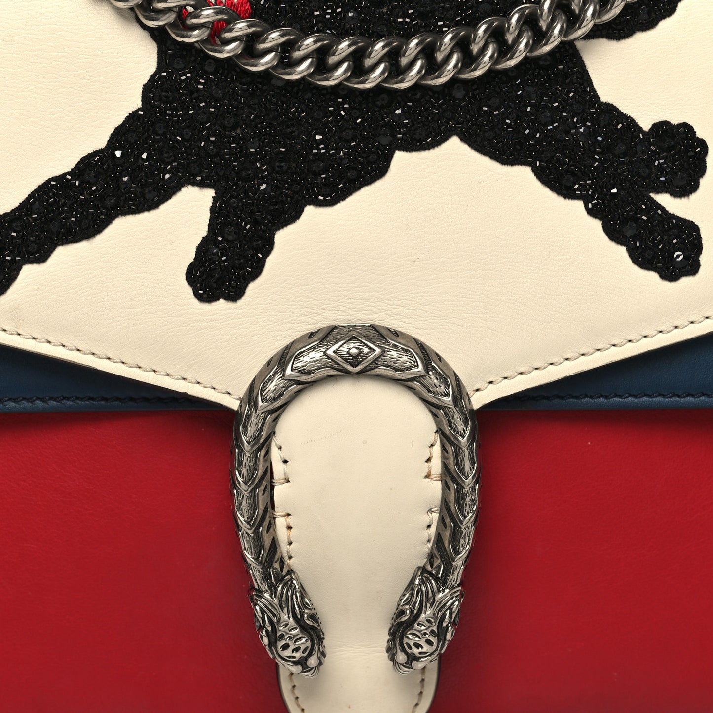 Calfskin Panther Embroidered Medium Dionysus Shoulder Bag White Blue Hibiscus Red