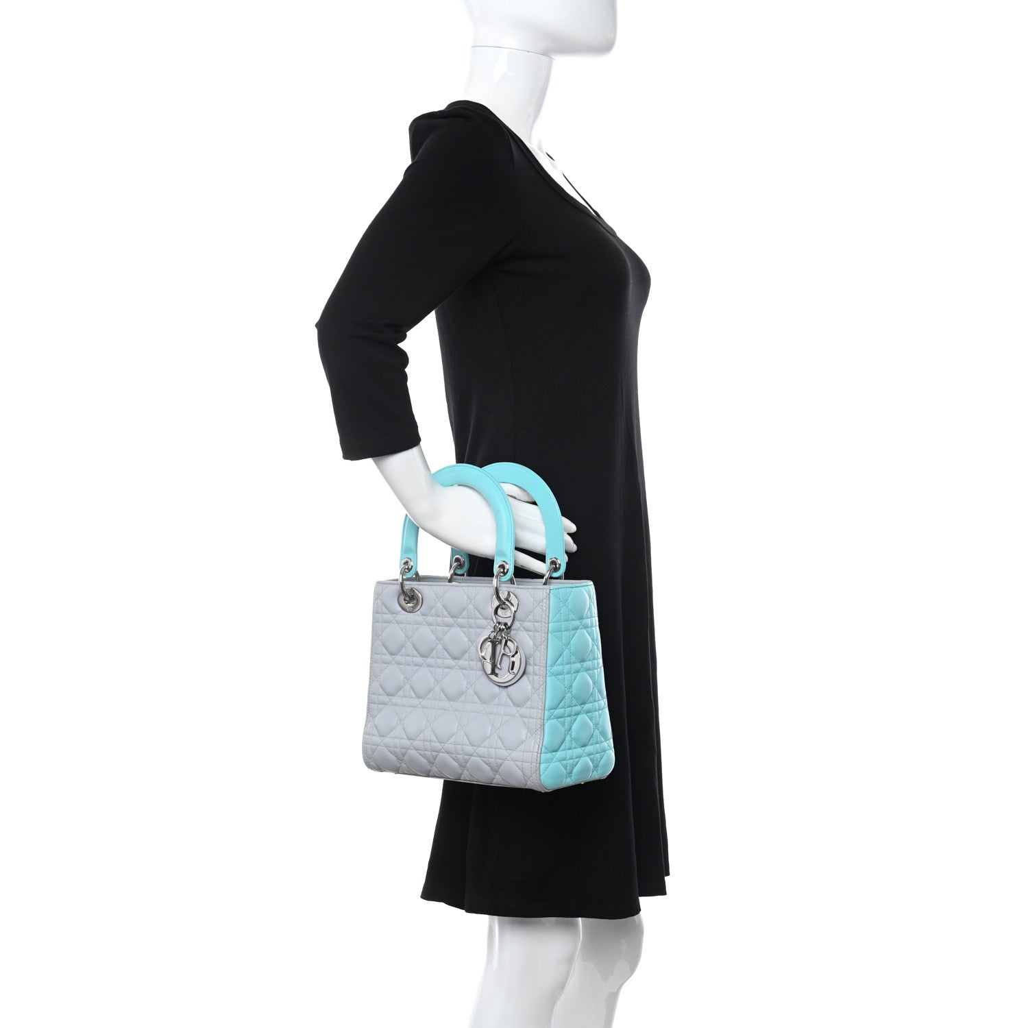 Christian Dior Lambskin Cannage Medium Bi-Color Lady Dior Grey Turquoise 2 of 10