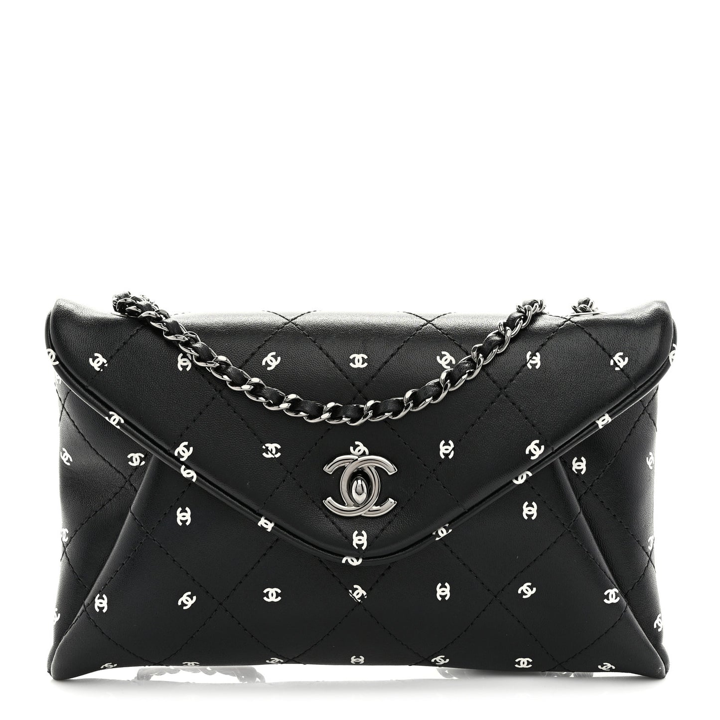 Printed Lambskin Logo CC Envelope Clutch With Chain Black White