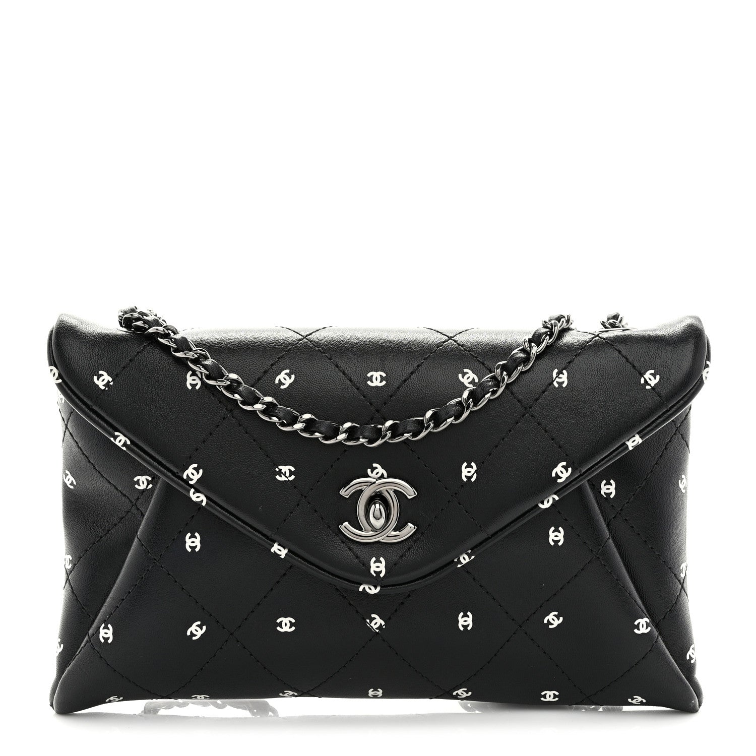 Chanel Printed Lambskin Logo CC Envelope Clutch With Chain Black White 1 of 10