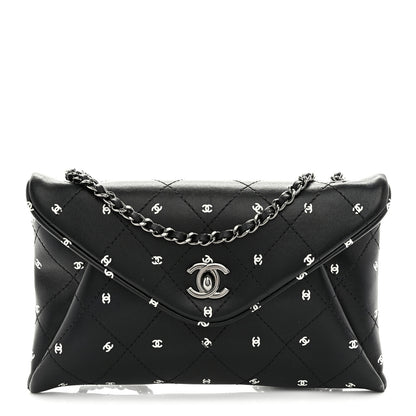 Chanel Printed Lambskin Logo CC Envelope Clutch With Chain Black White 1 of 10