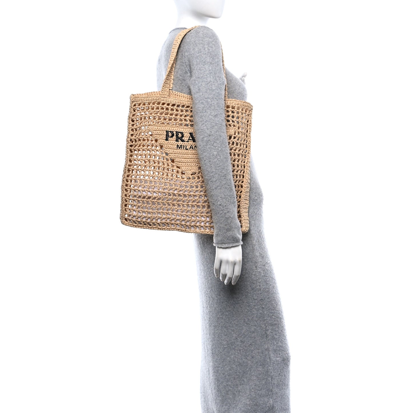 Yarn Raffia Effect Crochet Logo Embroidered Tote Bag Naturale
