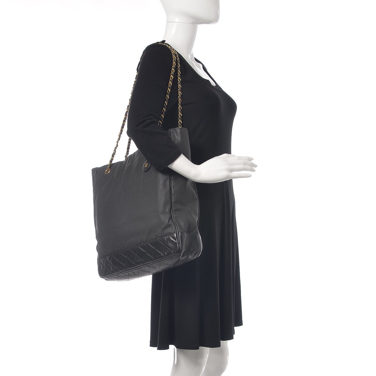 Canvas Calfskin Shopping Tote Black