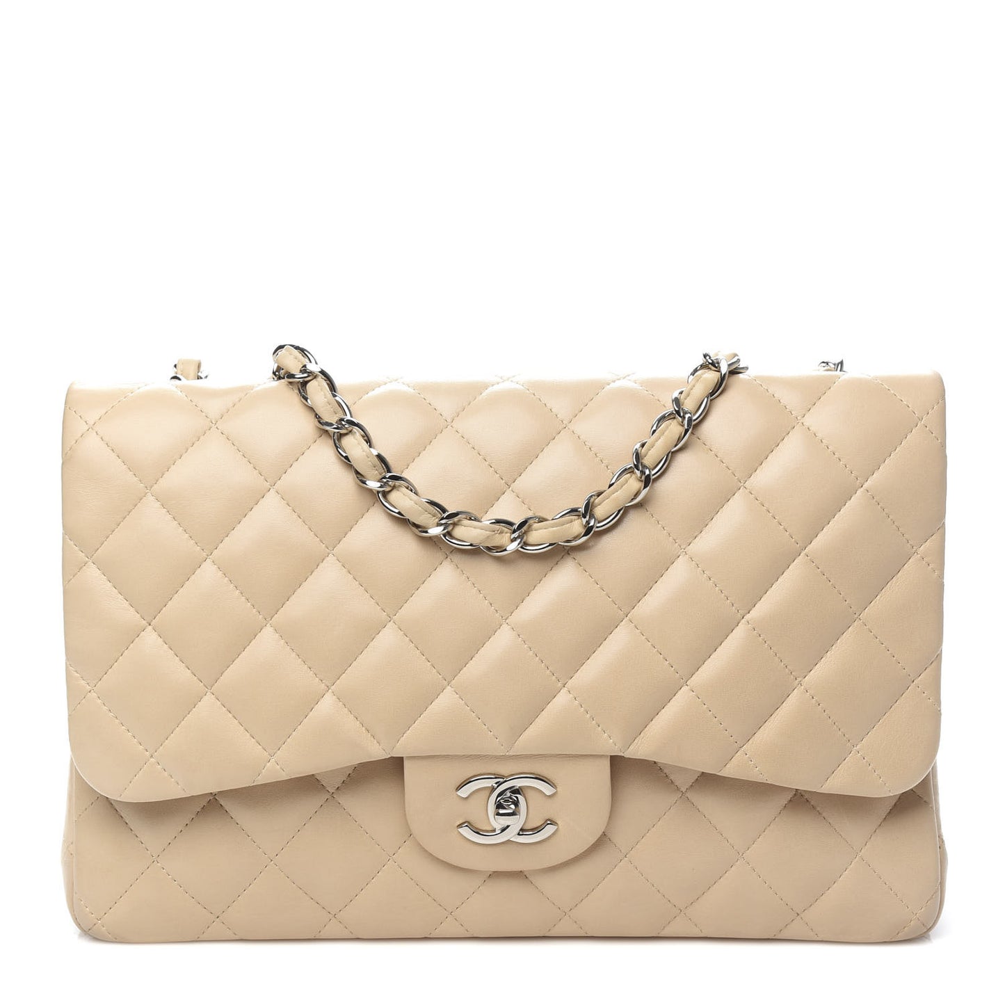 Lambskin Quilted Jumbo Double Flap Beige