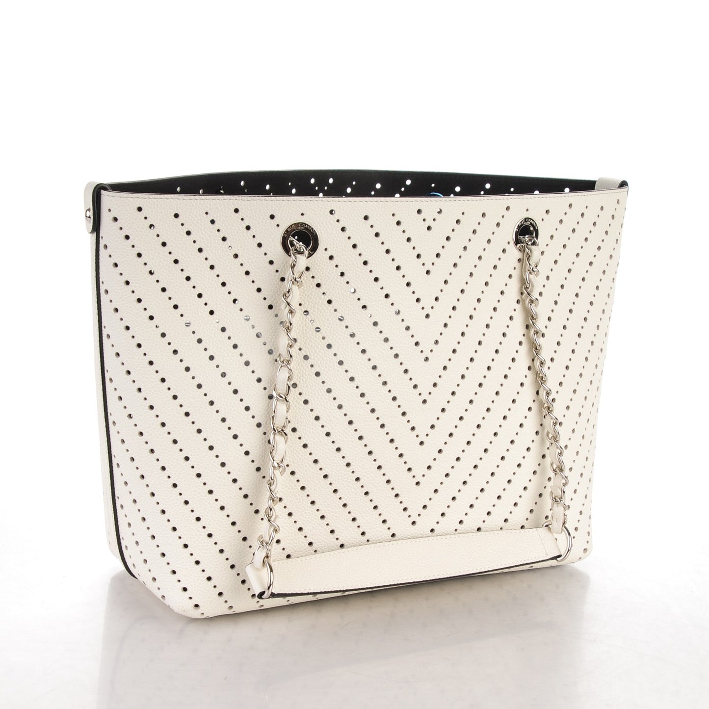 Perforated Grained Calfskin Small Shopping Tote White