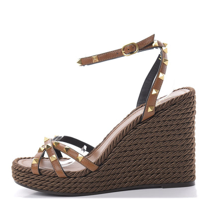 Valentino Garavani Calfskin Rockstud Ankle Strap Torchon Espadrille 25/95mm Wedge Sandals 41 Cuoio 1 of 8
