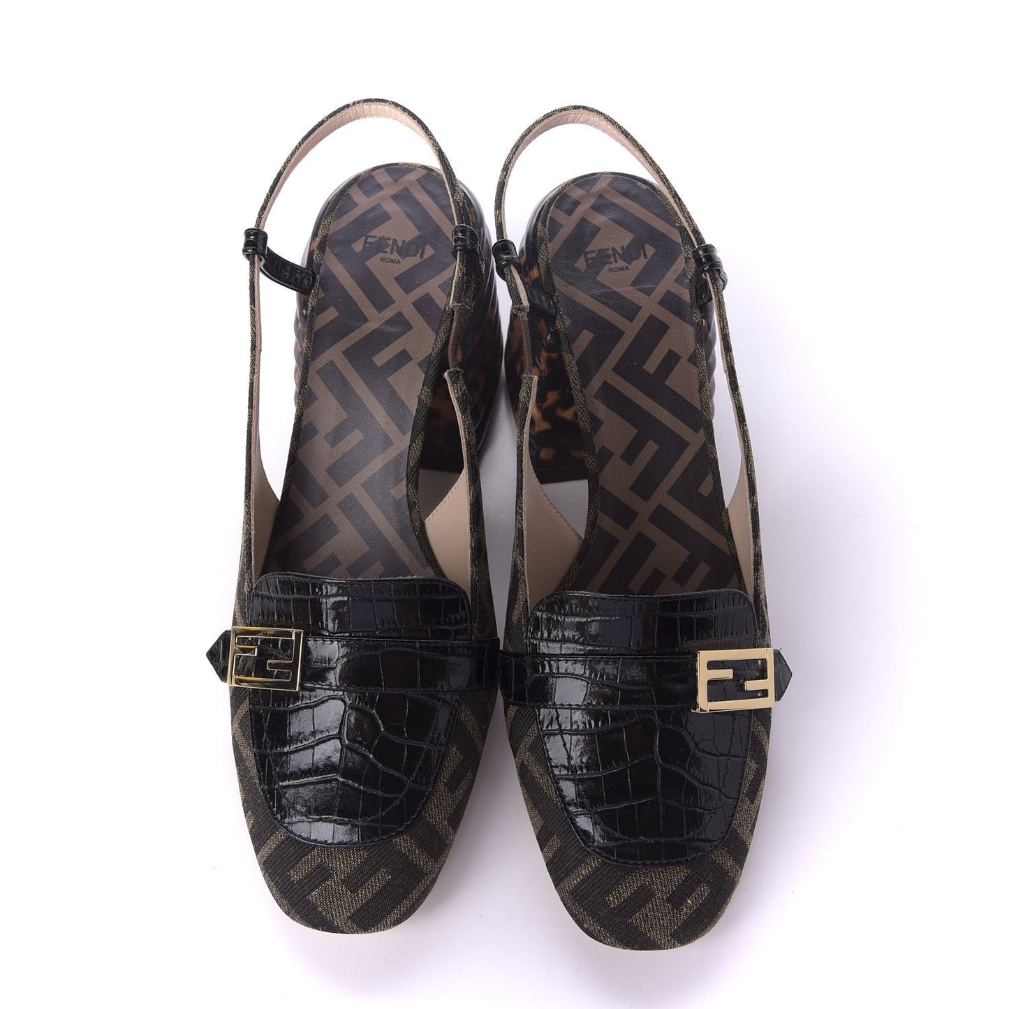 Jacquard Calfskin FF Tortoise Promenade Slingback Loafer Pumps 39.5 Tobacco