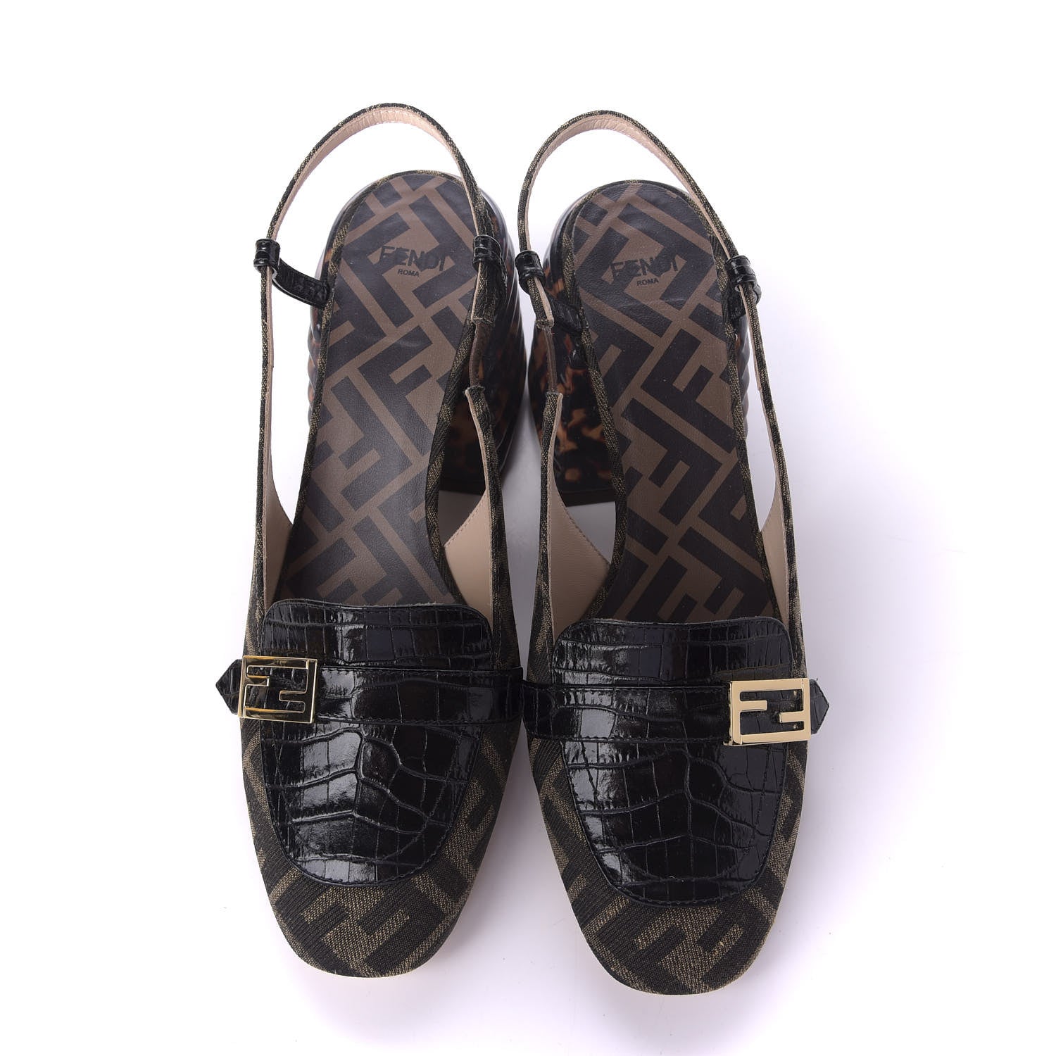 Fendi Jacquard Calfskin FF Tortoise Promenade Slingback Loafer Pumps 39.5 Tobacco 6 of 10