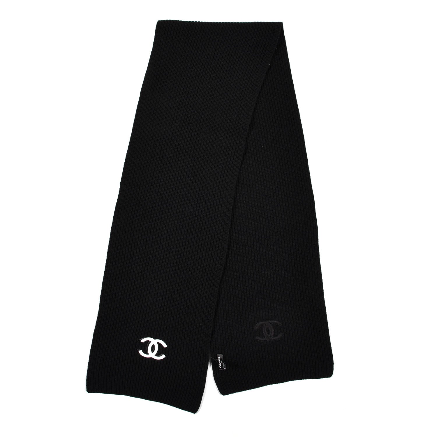 Chanel Wool Cashmere CC Scarf Black White 2 of 5