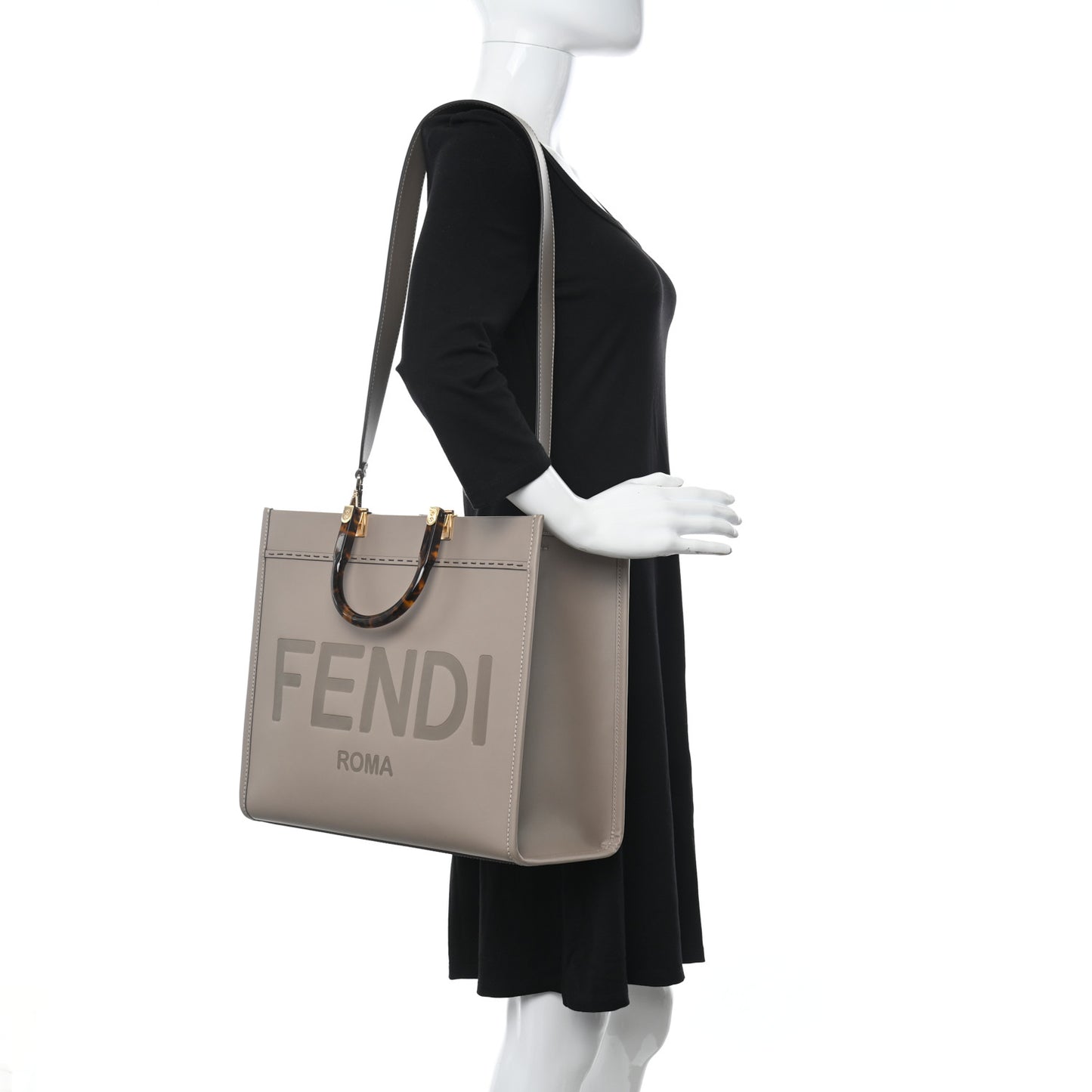 Vitello King Plexiglass Logo Embossed Medium Fendi Sunshine Shopper Tote Tortora