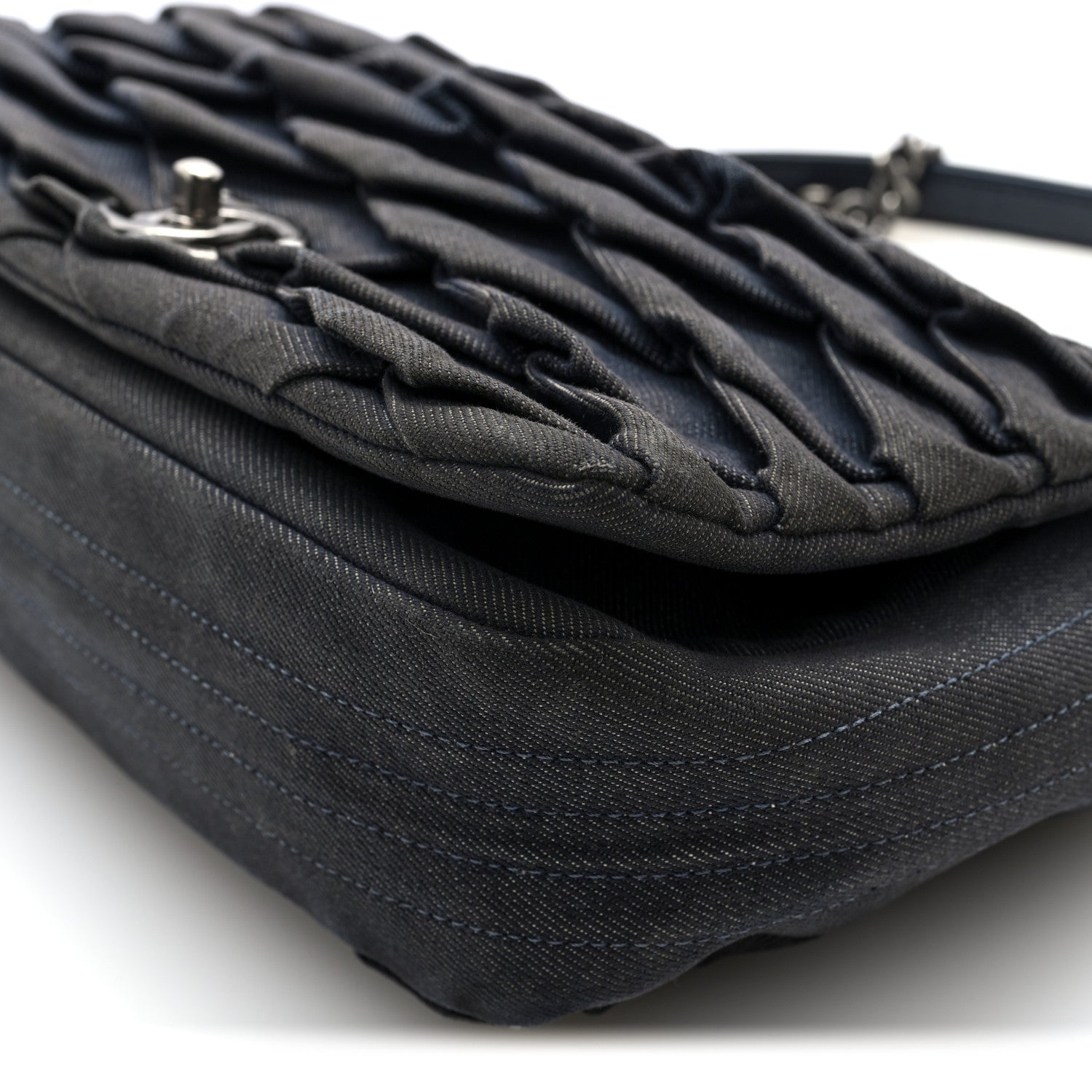 Chanel Denim Pleated Denim Turtle Flap Dark Blue 10 of 11