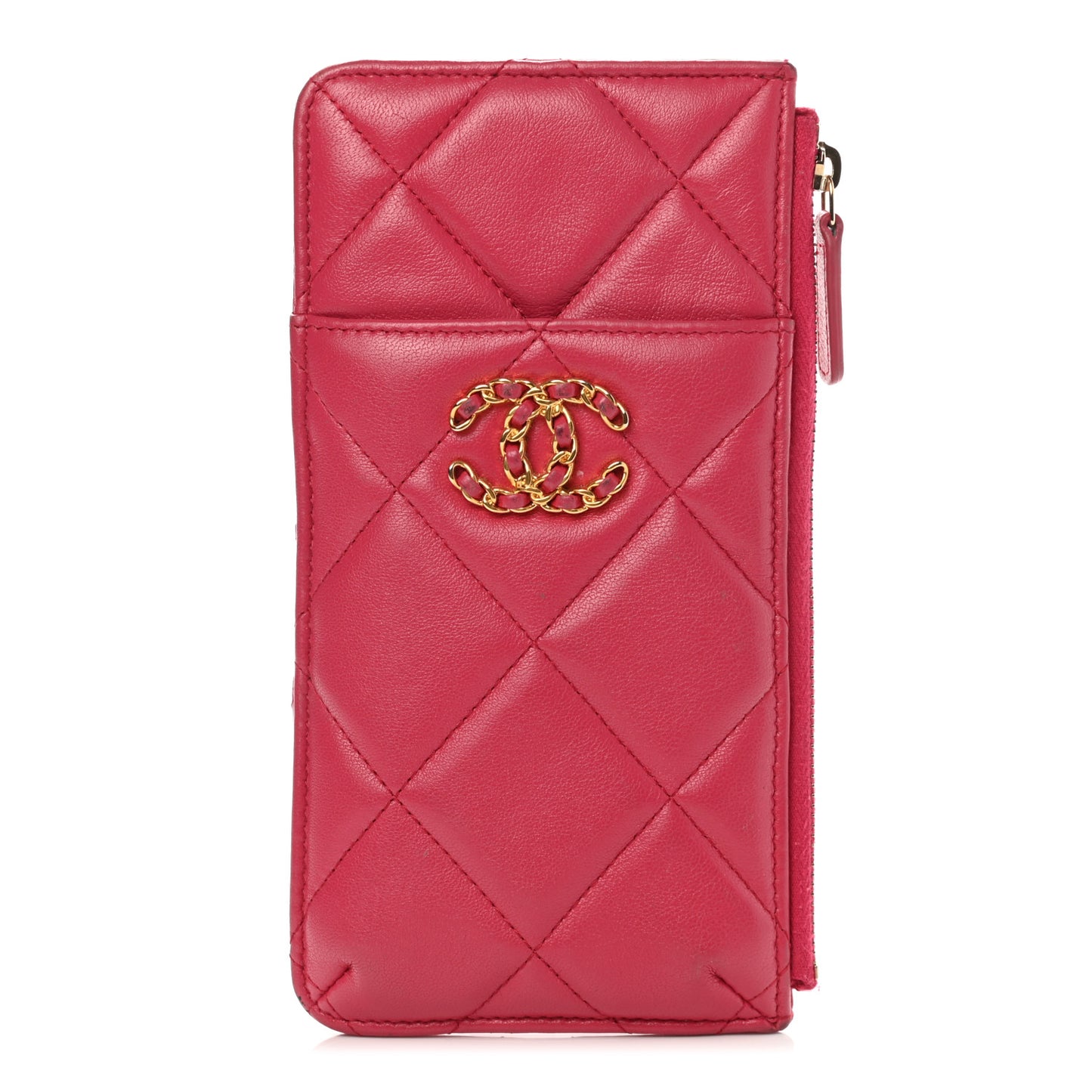 Shiny Goatskin Quilted Chanel 19 Phone and Card Holder Red