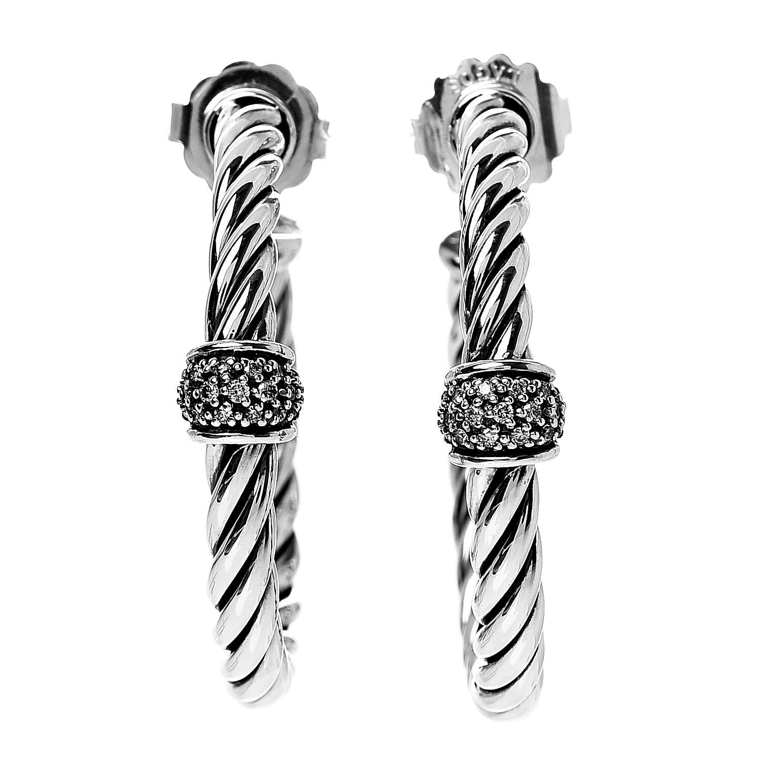 David Yurman Sterling Silver Diamond Cable Classics Hoop Earrings 1 of 4