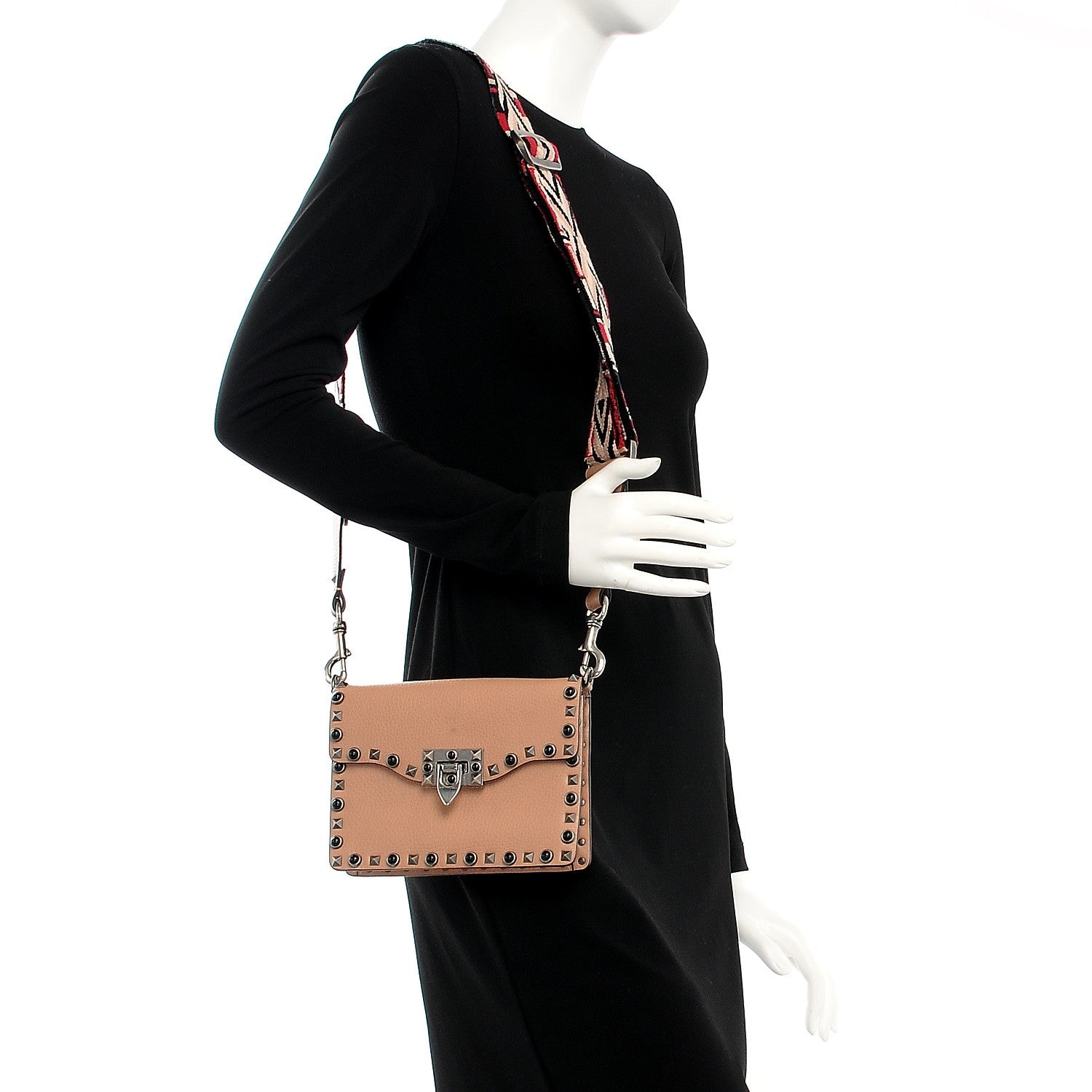 Valentino Garavani Grained Calfskin Onyx Small Guitar Strap Rockstud Rolling Shoulder Flap Bag Soft Noisette 2 of 10