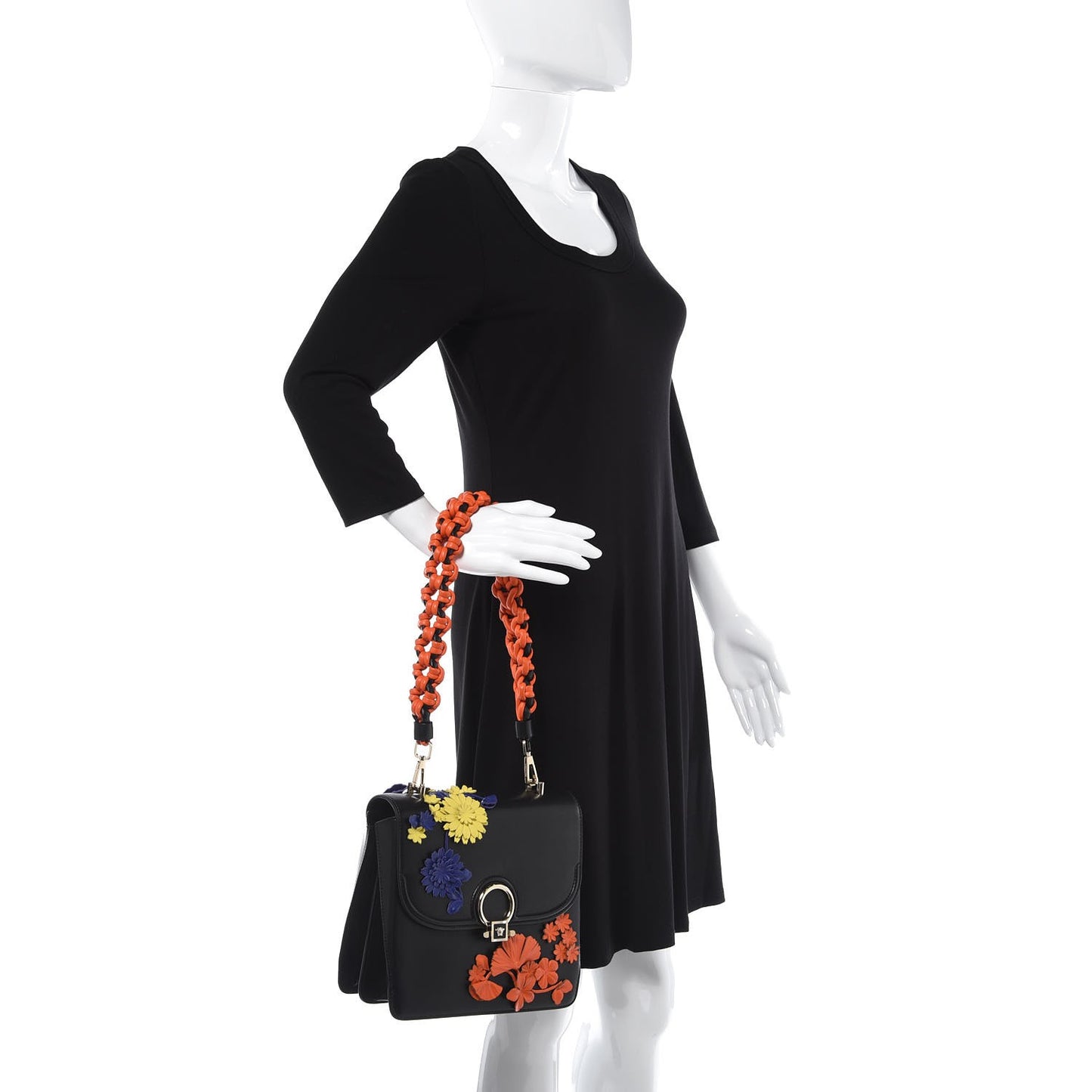 Calfskin Flower Embroidered Medium DV One Satchel Black