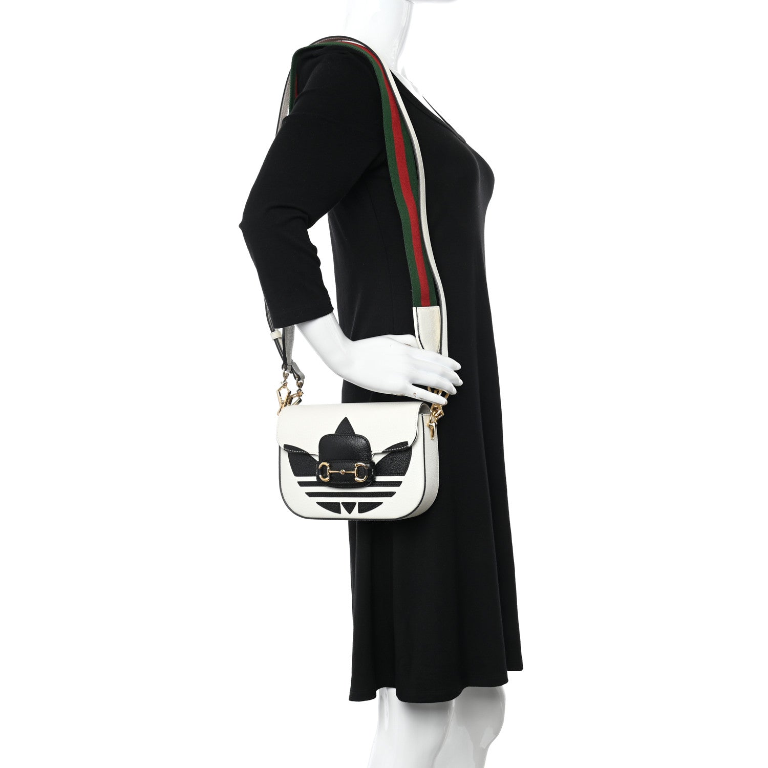 Gucci X ADIDAS Textured Dollar Calfskin Web Trefoil Mini Horsebit 1955 Shoulder Bag Off White Black 2 of 9