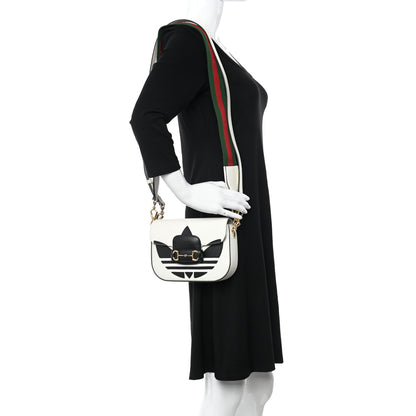 Gucci X ADIDAS Textured Dollar Calfskin Web Trefoil Mini Horsebit 1955 Shoulder Bag Off White Black 2 of 9