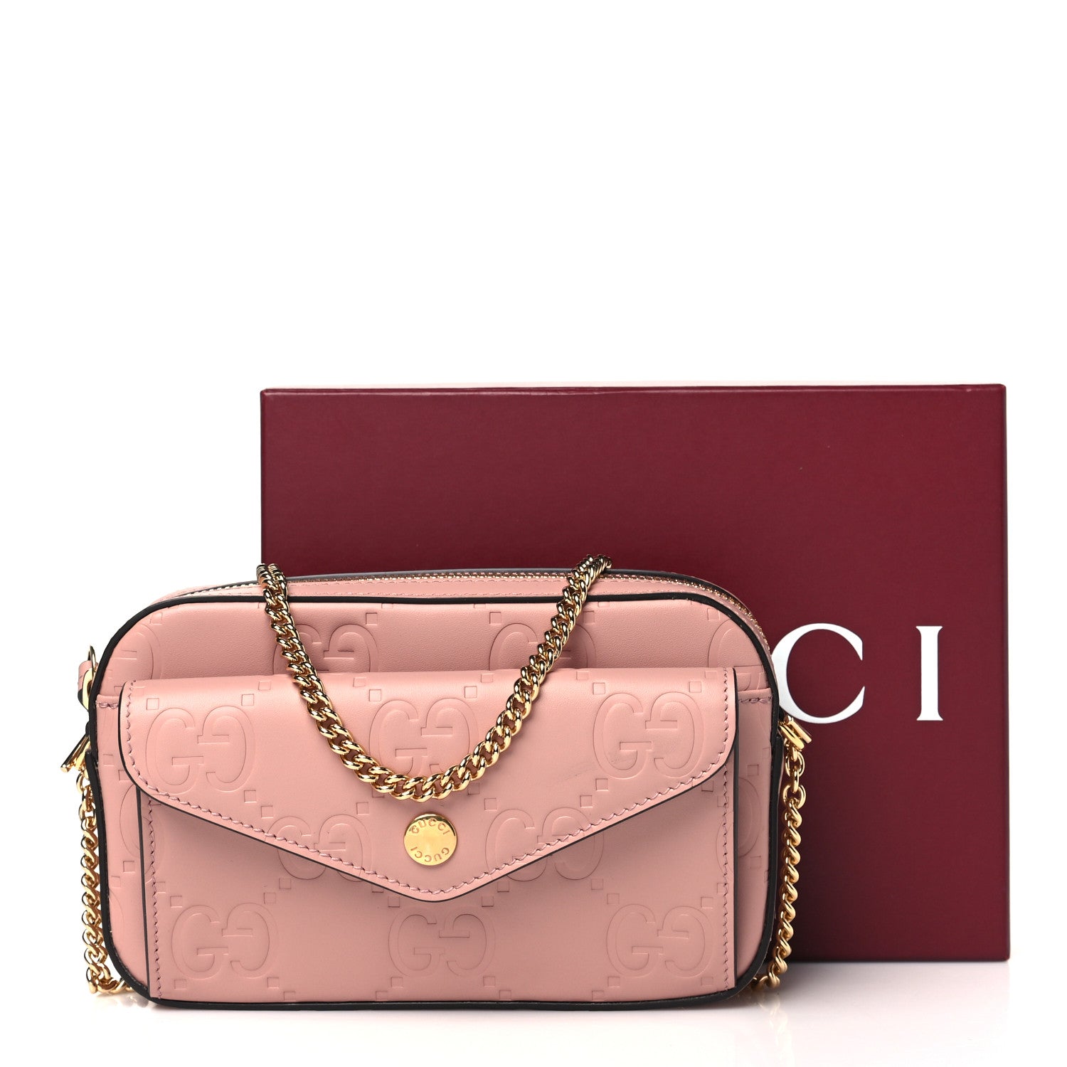 Gucci Calfskin GG Super Mini Debossed Chain Wallet Dust Carmine 11 of 11