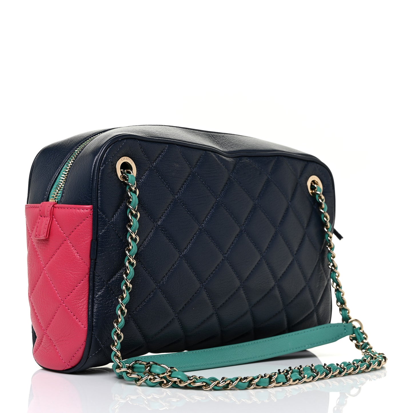 Goatskin Quilted Tri-Color Medium In & Out Camera Case Navy Turquoise Pink