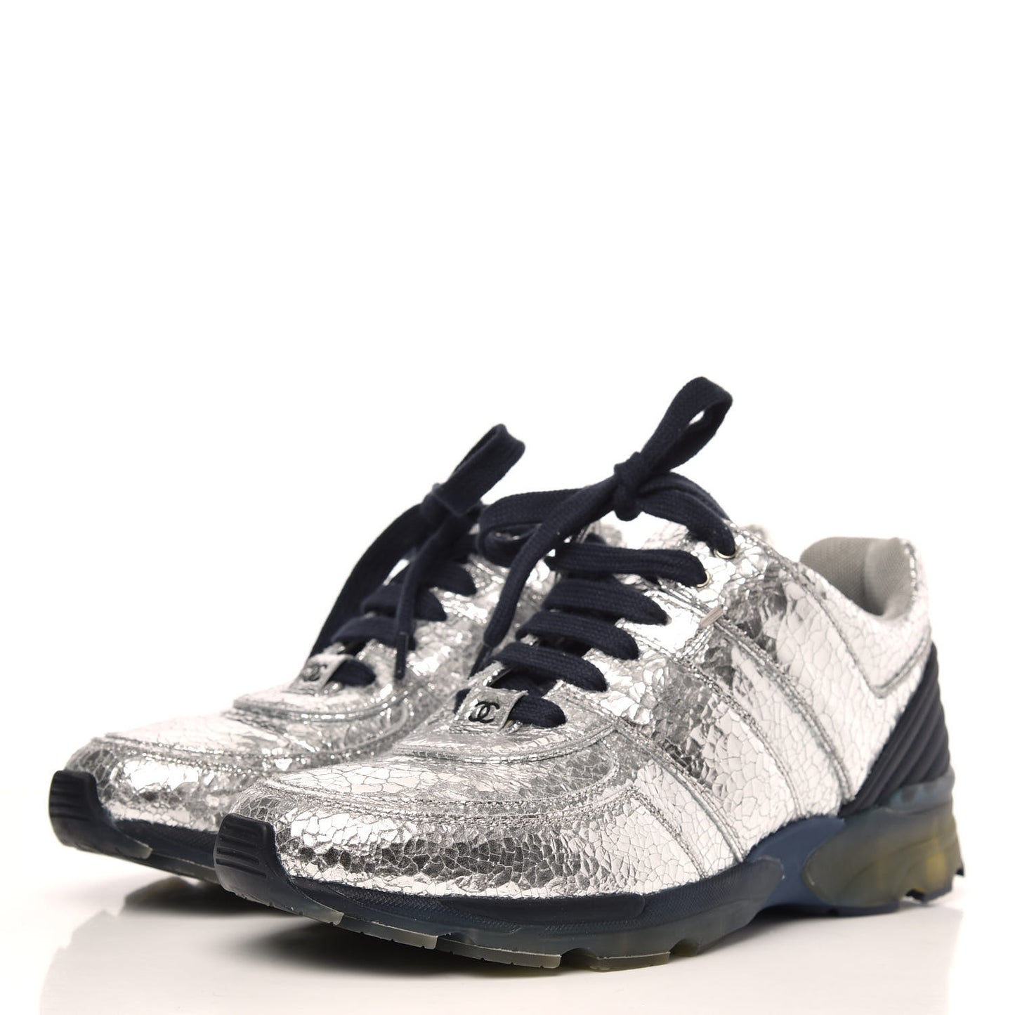 Metallic Crackled Calfskin CC Sneakers 39 Silver