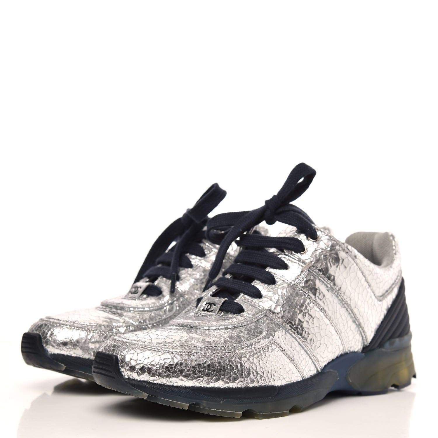 Chanel Metallic Crackled Calfskin CC Sneakers 39 Silver 3 of 9
