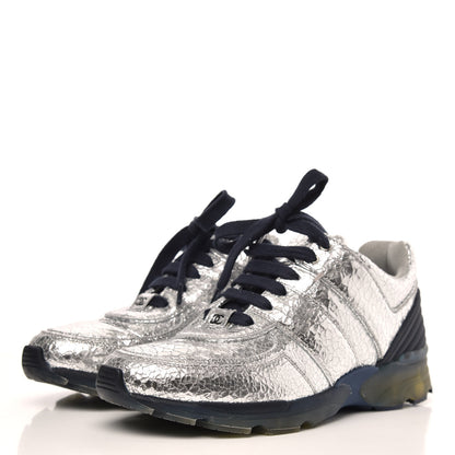 Chanel Metallic Crackled Calfskin CC Sneakers 39 Silver 3 of 9