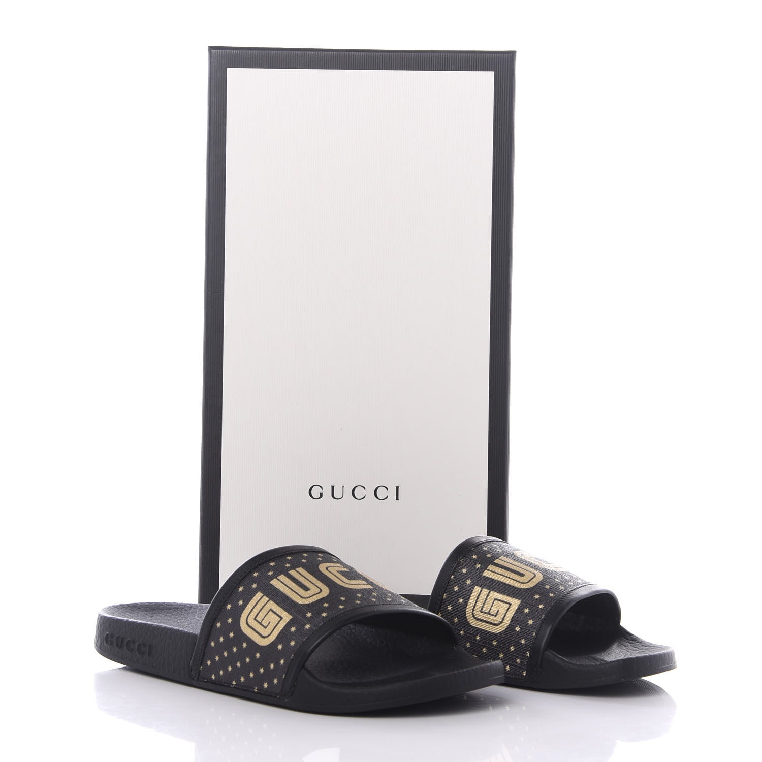 Gucci X SEGA Supreme Canvas GUCCY Stars Womens Slide Sandals 35 Black Gold 10 of 10