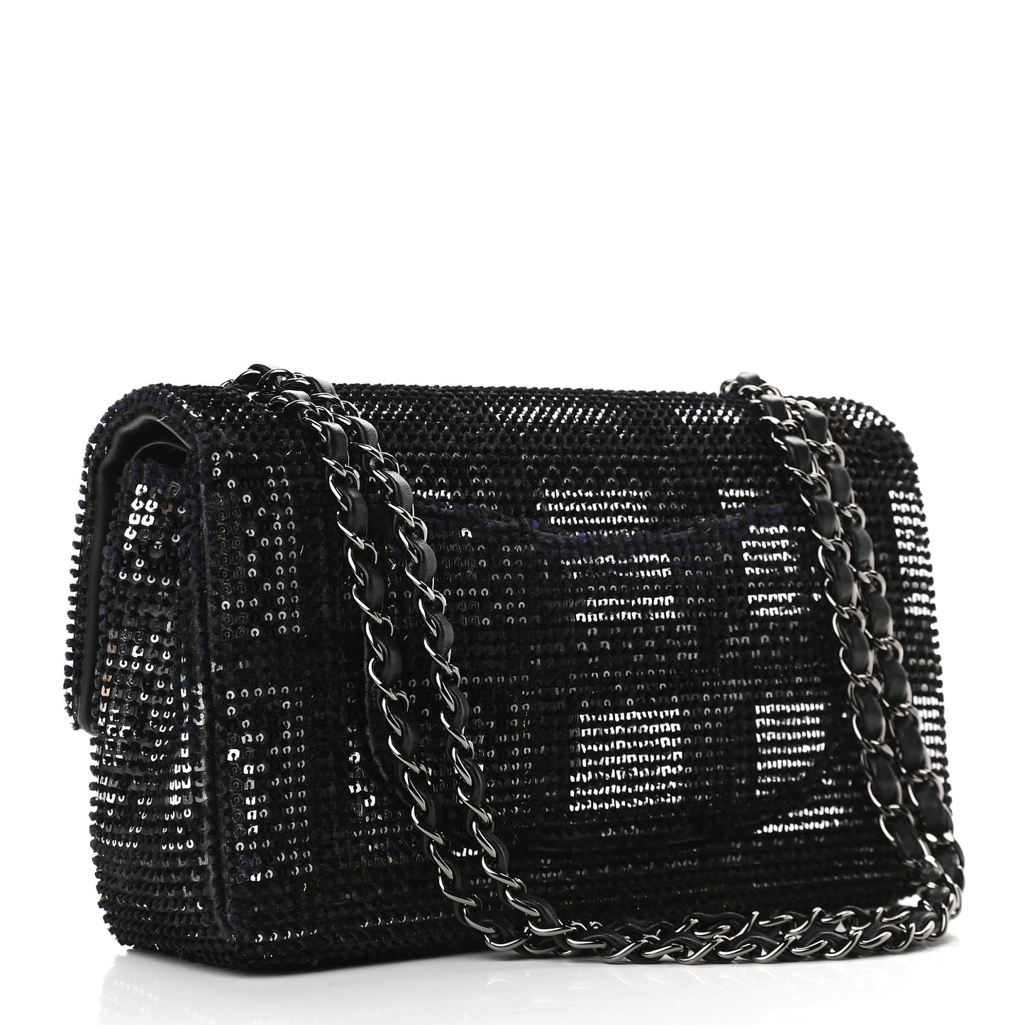 Velvet Sequin Mesh Lambskin Medium Double Flap Black