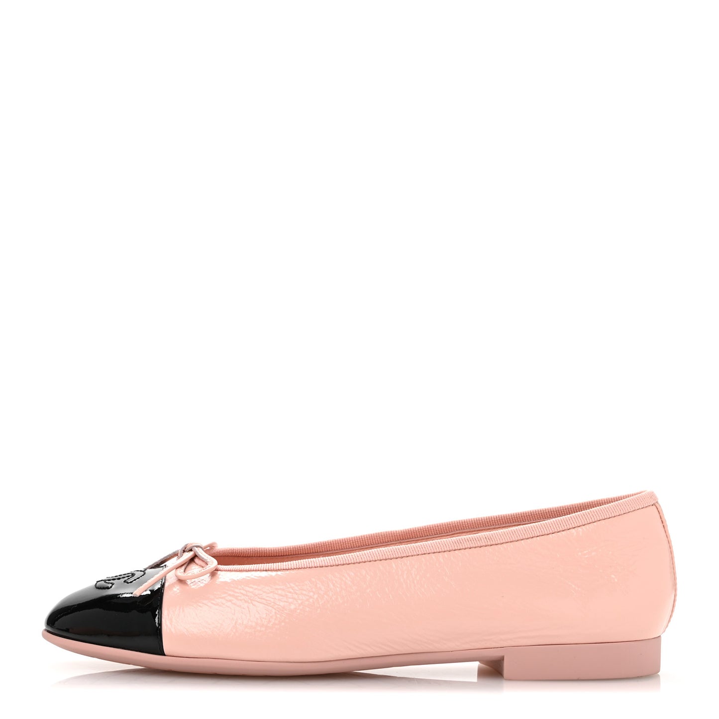 Shiny Crumpled Calfskin Patent CC Cap Toe Ballerina Flats  38 Light Pink Black