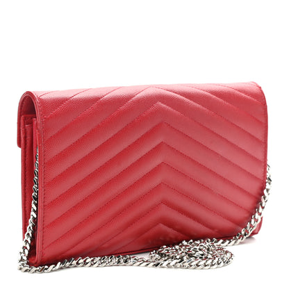 Saint Laurent Grain De Poudre Matelasse Chevron Monogram Chain Wallet Rouge Eros 3 of 11
